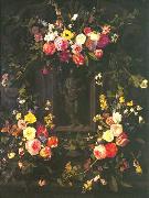 Jan Philip van Thielen Garland of flowers surrounding Christ figure in grisaille oil painting